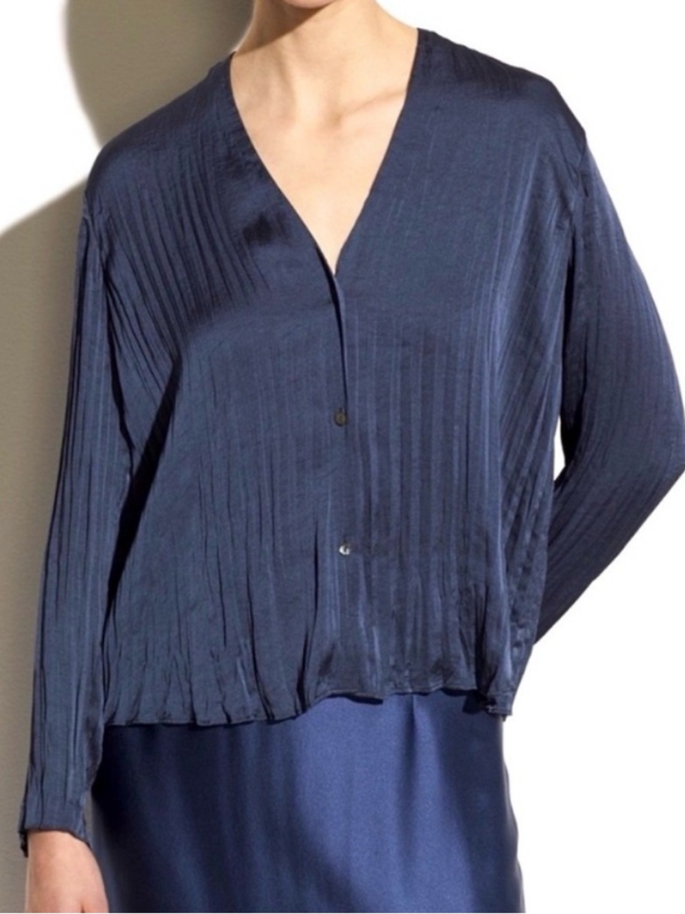 Vince Navy Blue Pleated Button-Front Blouse